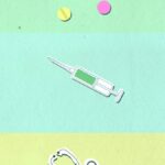 Overhead view of cutout paper appliques representing stethoscope near syringe and capsules with pills on colorful background