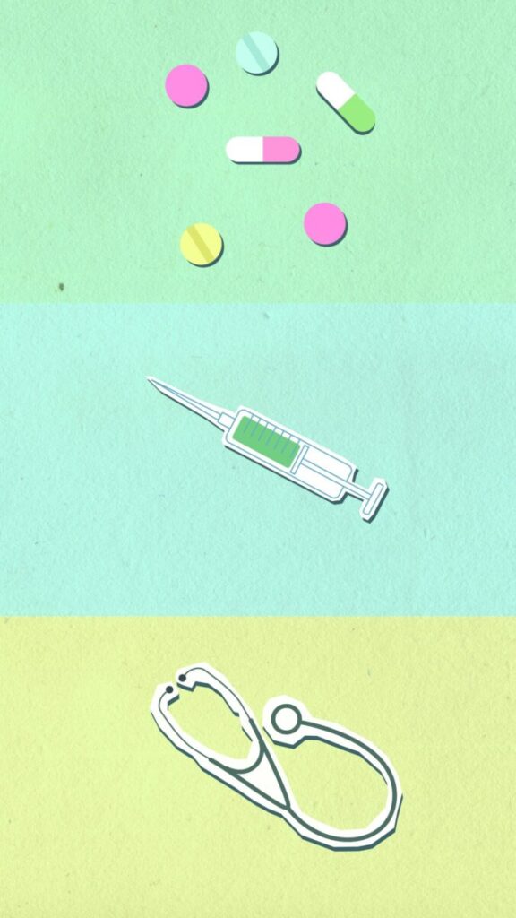 Overhead view of cutout paper appliques representing stethoscope near syringe and capsules with pills on colorful background