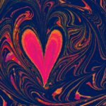Vibrant marbled artwork featuring a central heart shape in bold pink and orange hues.