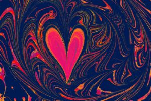 Vibrant marbled artwork featuring a central heart shape in bold pink and orange hues.