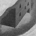 Grayscale photo capturing a building's reflection in a puddle on a wet pavement.